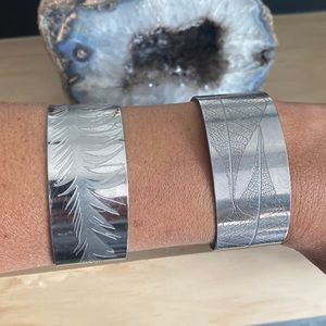 Leaf and feather engraved metal bracelets